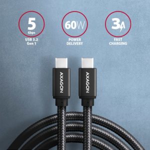 AXAGON BUCM3-CM20AB cable USB-C  USB-C 3.2 Gen 1/PD 60W/3A/ALU/Black braided/2m